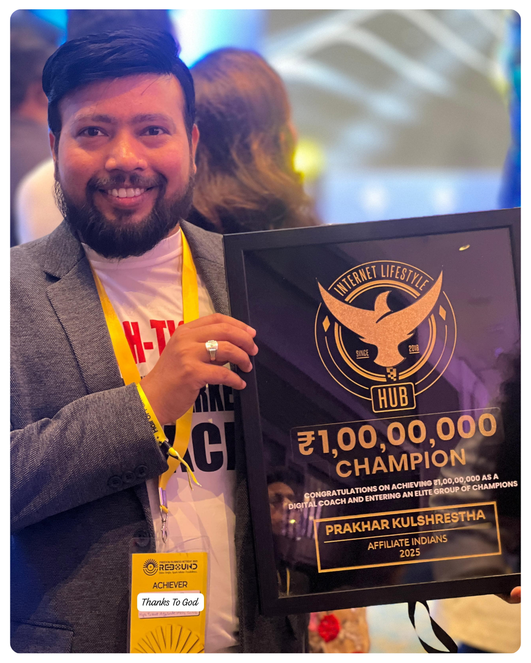 Prakhar Kulshrestha holding the Rs. 1 Crore Champion award from Internet Lifestyle Hub